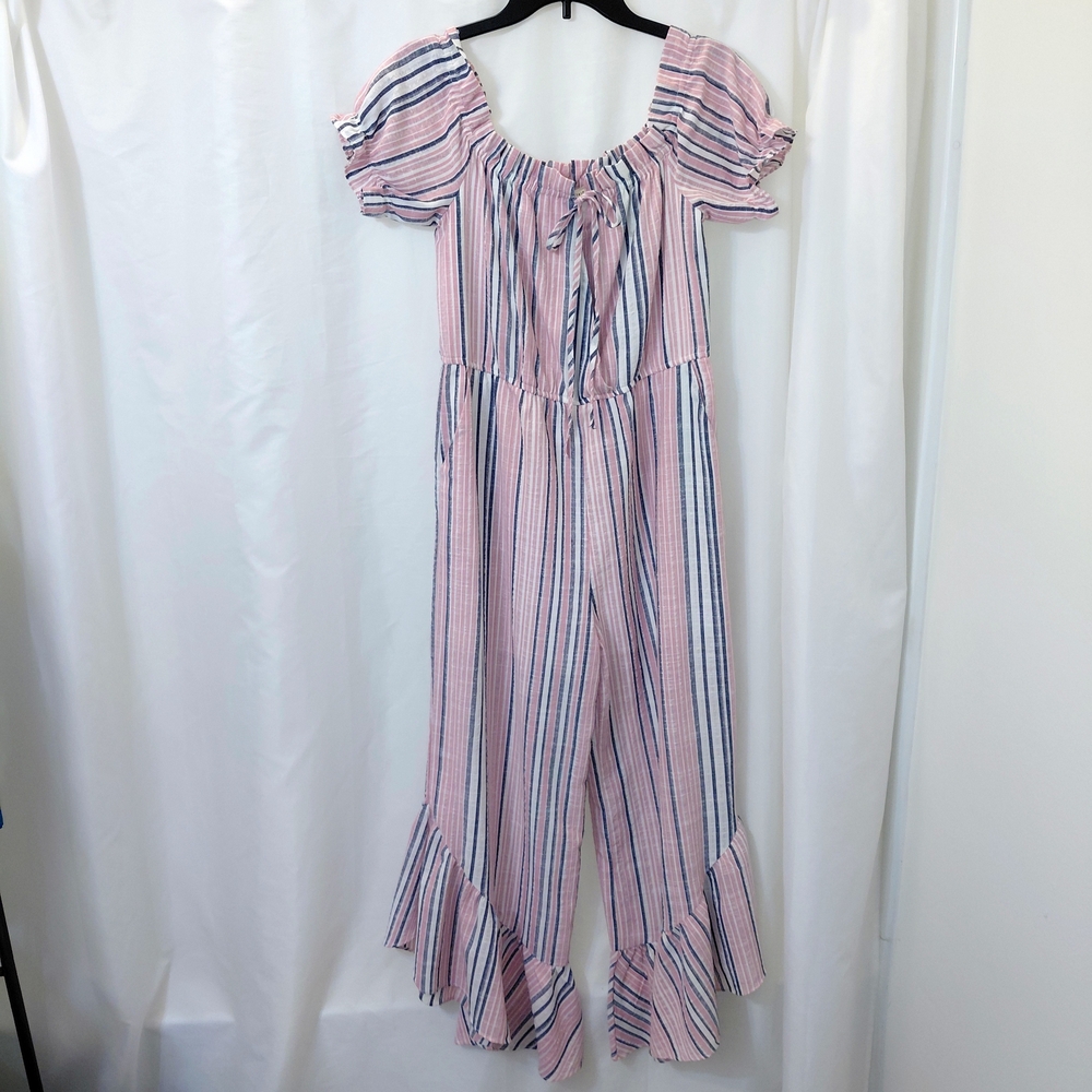 EUC SZ L Main Strip Pink Blue Striped Ruffle-Hem Jumpsuit On Or Off Shoulder